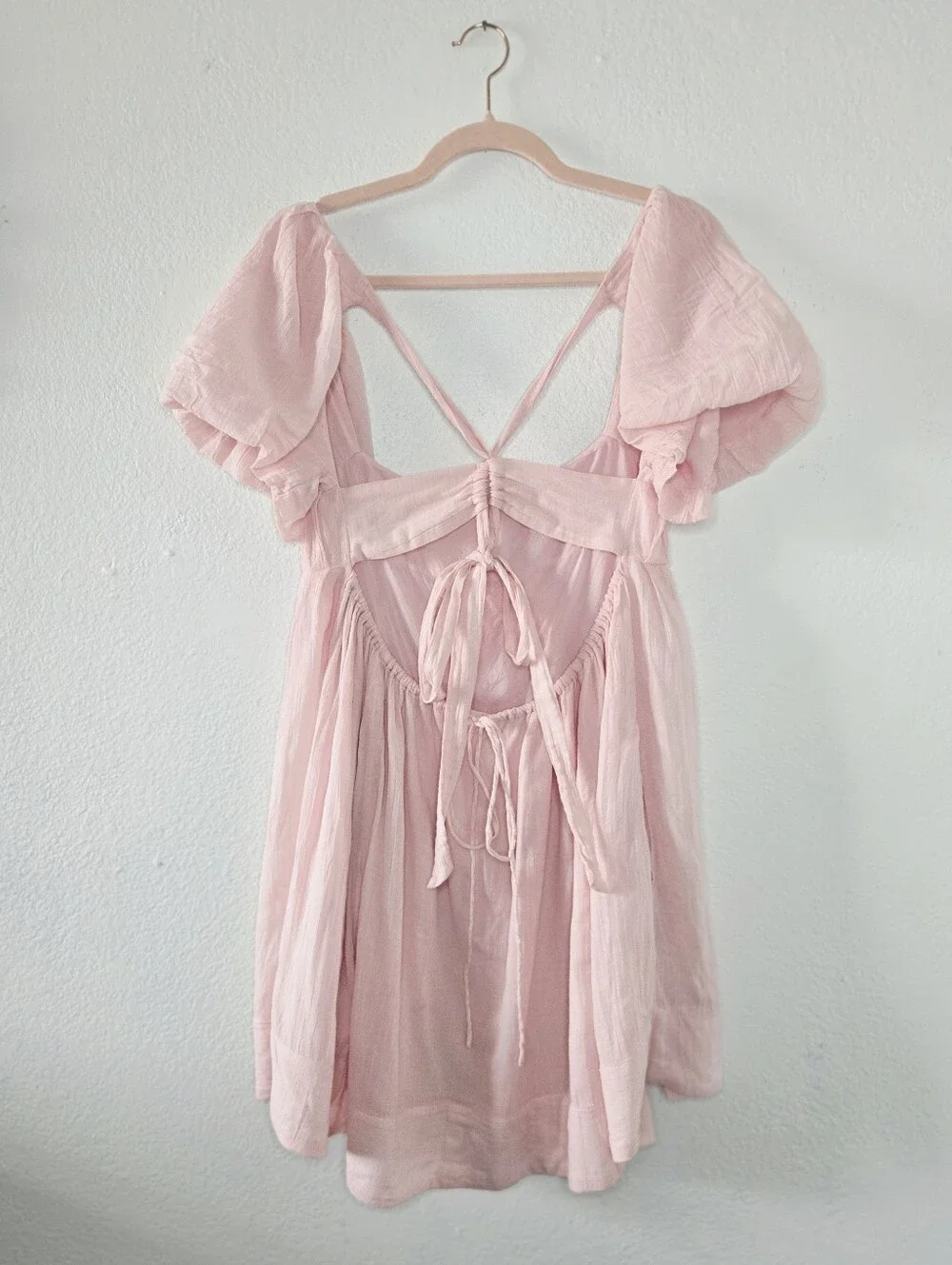 Free People Marina Pink Mini Dress Ties In Back Babydoll Coquette  Medium